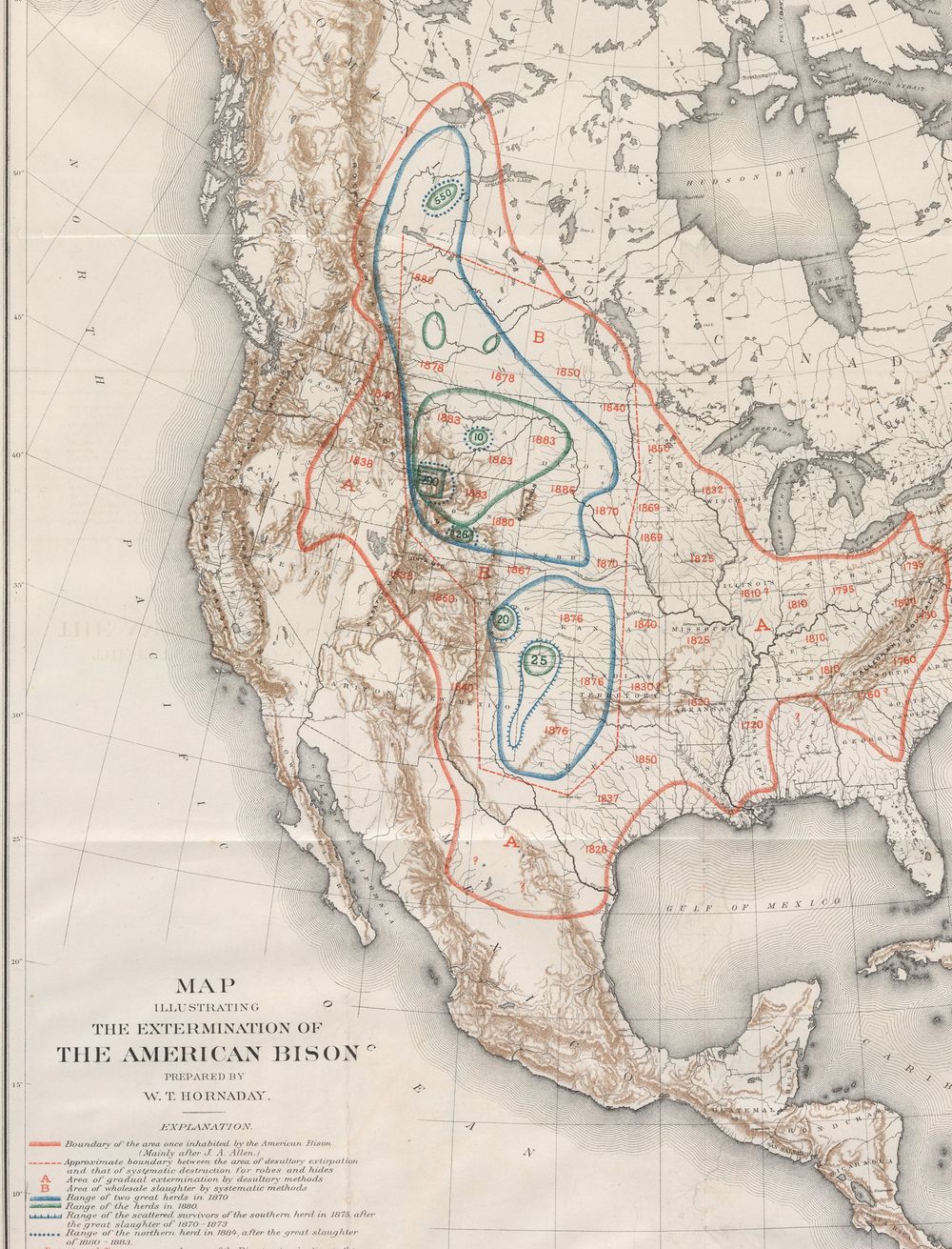 A map of North America. A red line encloses the buffalo&rsquo;s original range, from the Rockies to the Appalachians and from northern Canada into Mexico, marked with the years it disappeared from each part. Inside it, two blue outlines mark the northern and southern herds of 1870; smaller green outlines and figures mark what remained in 1880 and 1889.