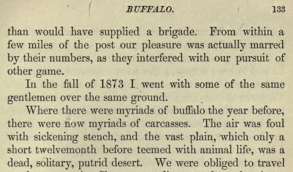 Top of a printed page headed &ldquo;Buffalo, 133&rdquo;: &ldquo;In the fall of 1873 I went with some of the same gentlemen over the same ground. Where there were myriads of buffalo the year before, there were now myriads of carcasses.&rdquo;