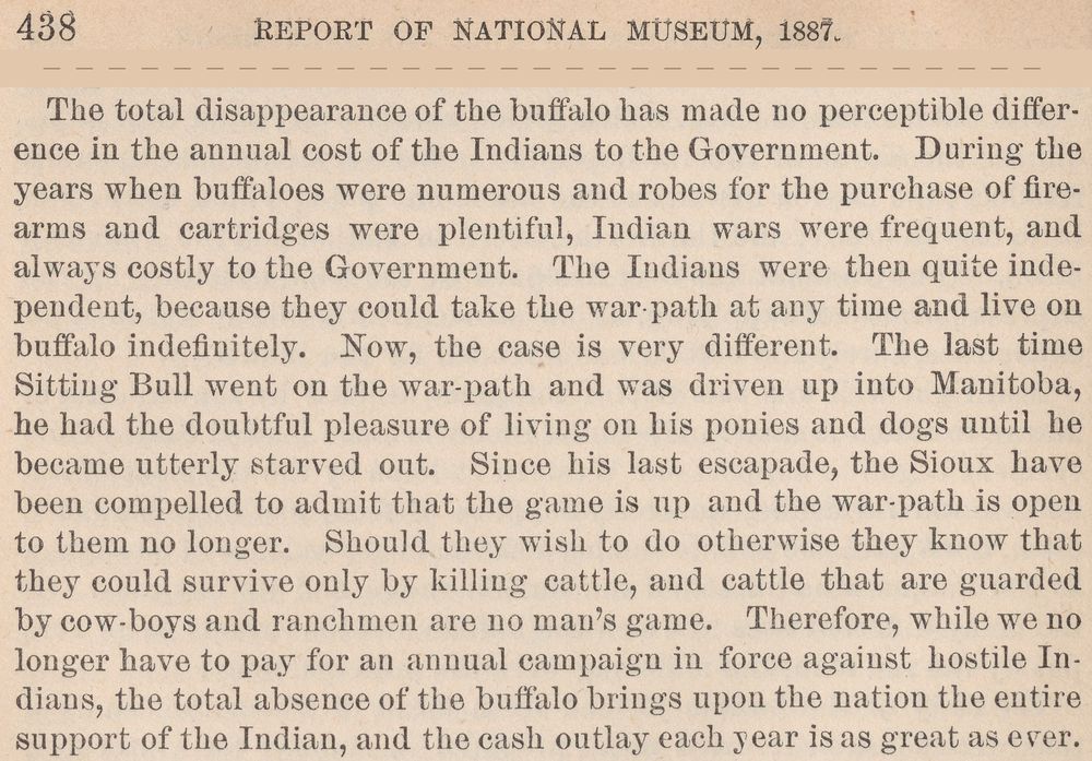 The head of page 438 and, below a dashed line, a paragraph from lower on the page beginning &ldquo;The total disappearance of the buffalo has made no perceptible difference in the annual cost of the Indians to the Government.&rdquo;