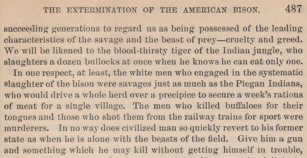 Top of a printed page headed &ldquo;The extermination of the American bison, 487&rdquo;. The second paragraph ends: &ldquo;The men who killed buffaloes for their tongues and those who shot them from the railway trains for sport were murderers.&rdquo;