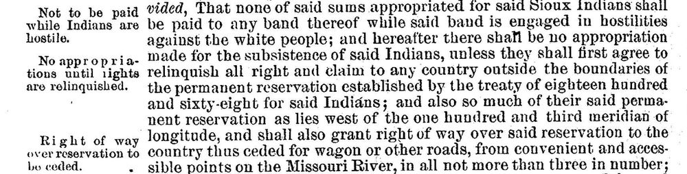 A page of printed law, with notes in the margin: &ldquo;Not to be paid while Indians are hostile&rdquo;, &ldquo;No appropriations until rights are relinquished&rdquo;, &ldquo;Right of way over reservation to be ceded&rdquo;.