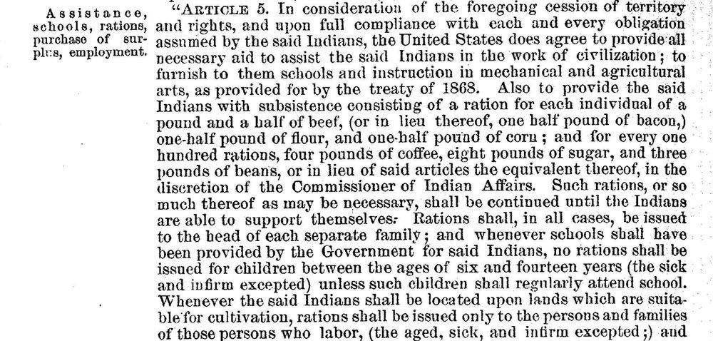 A page of printed law headed &ldquo;Article 5&rdquo;, with the margin note &ldquo;Assistance, schools, rations, purchase of surplus, employment&rdquo;.