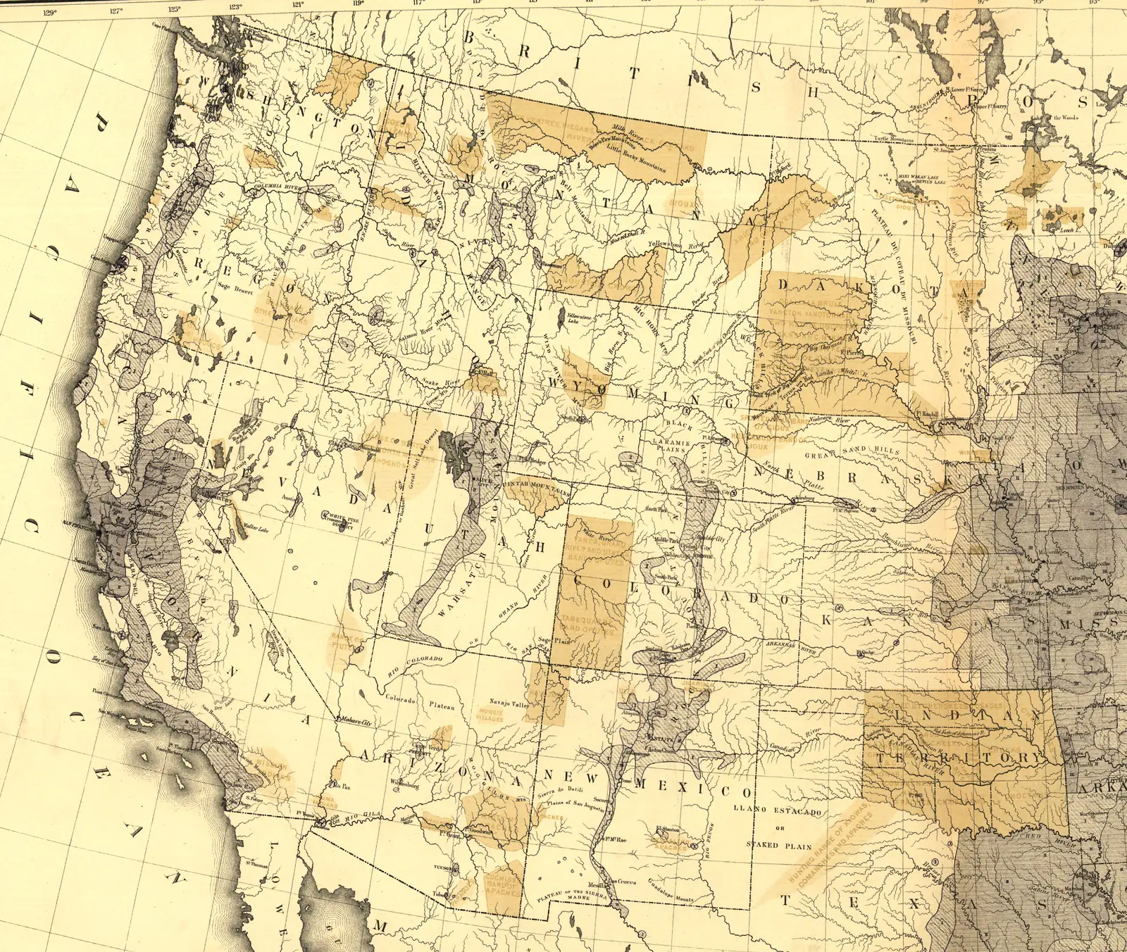 The census of 1870: settled population in shades of grey, with the principal Indian reservations and hunting ranges of 1871 tinted, the western half