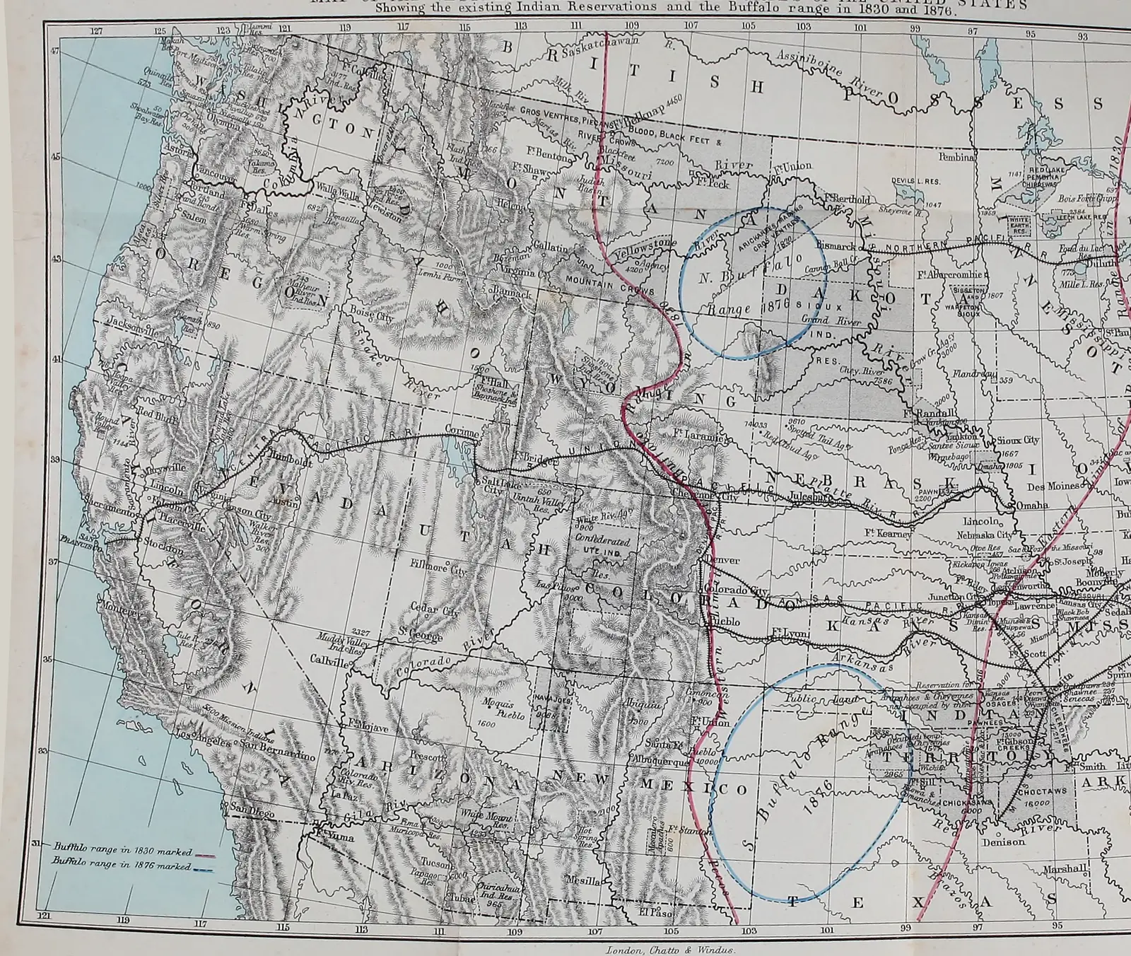 Dodge's map of the western states and territories: the Indian reservations of the time in grey, the limits of the buffalo range in 1830 in red and the two ranges left in 1876 in blue