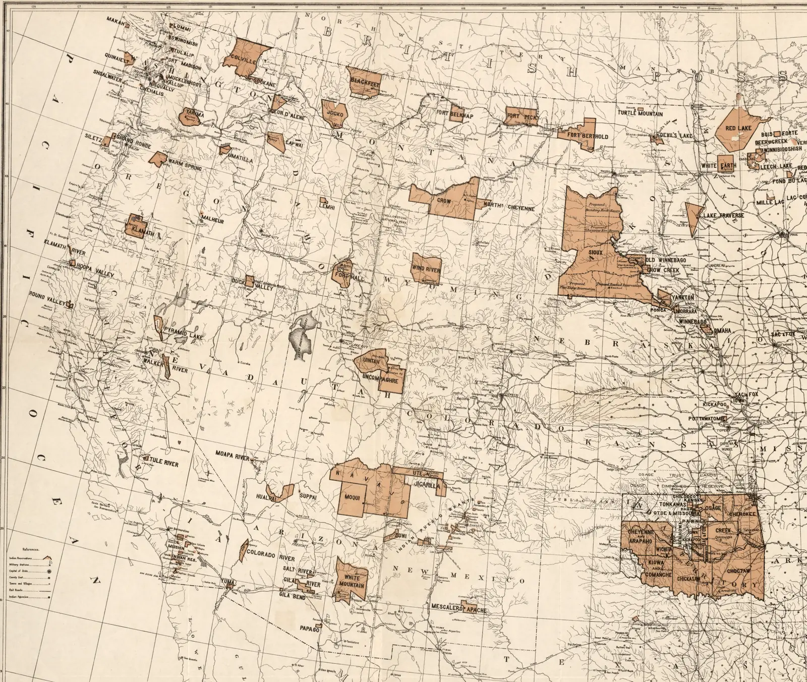 Map showing the location of the Indian reservations, 1888, the western half