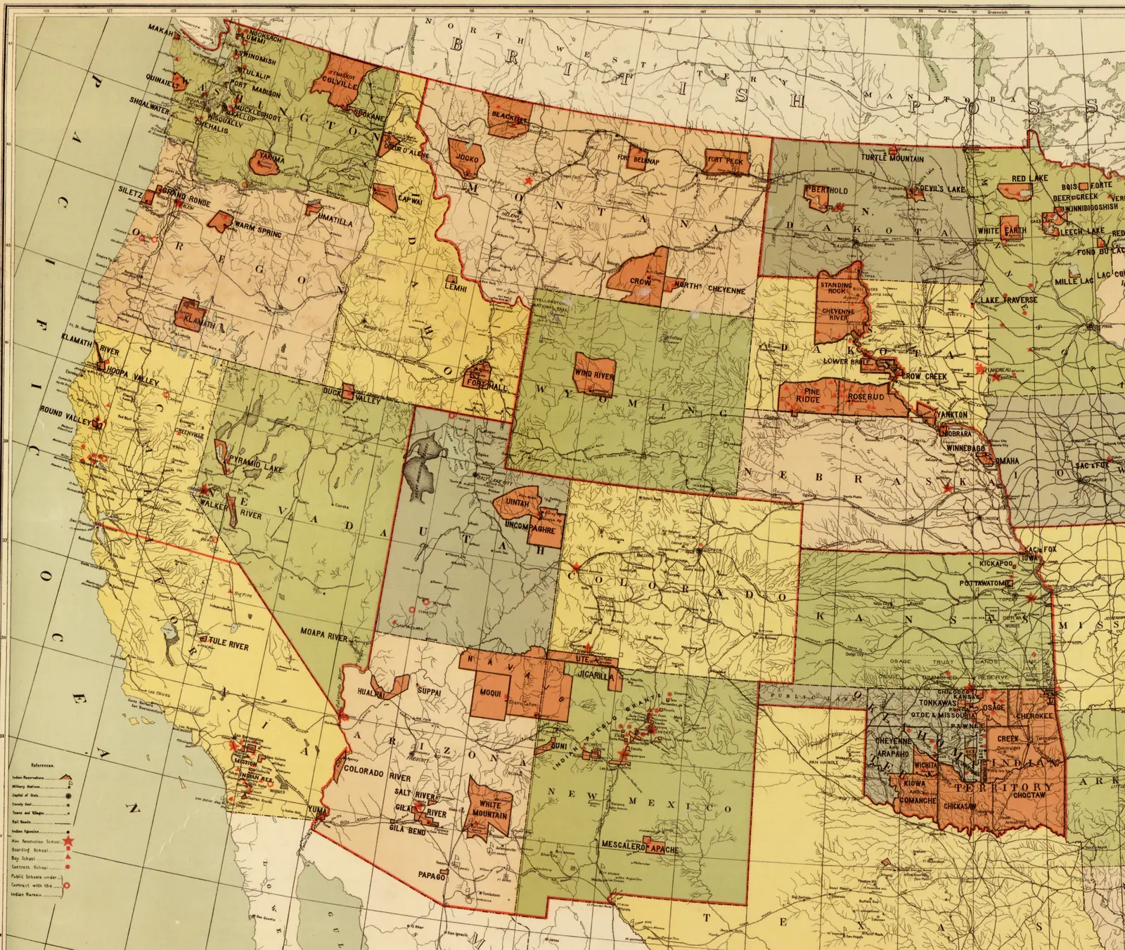Map showing Indian reservations within the limits of the United States, 1892, the western half