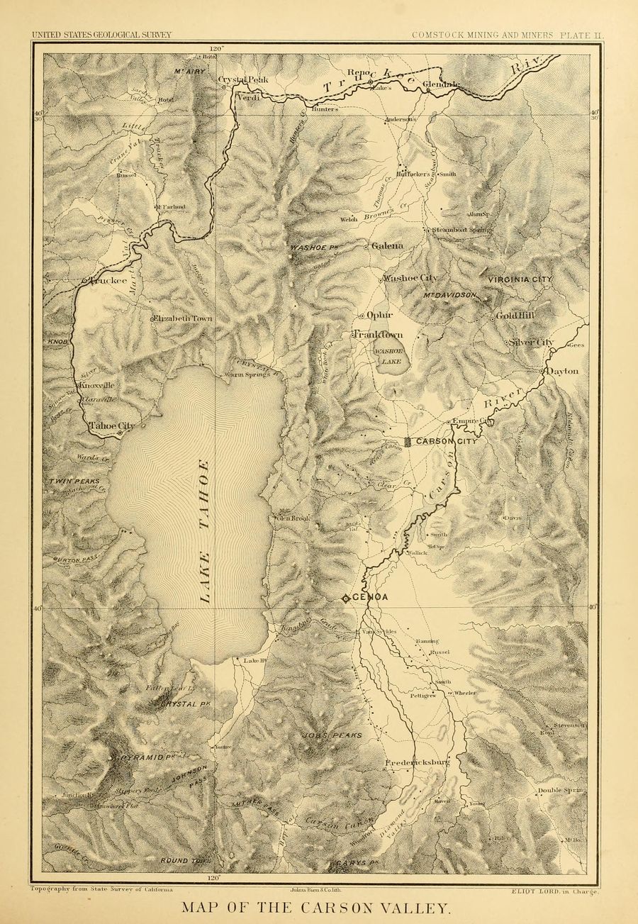 A shaded relief map: Lake Tahoe on the left, the Truckee River across the top, and on the right Washoe Lake, Virginia City, Gold Hill, Carson City, Genoa and the Carson River.