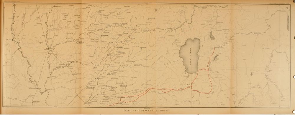 A long map of the Sierra Nevada from the Sacramento Valley to Lake Tahoe, with a route marked in red from Placerville over the mountains to the south end of the lake.