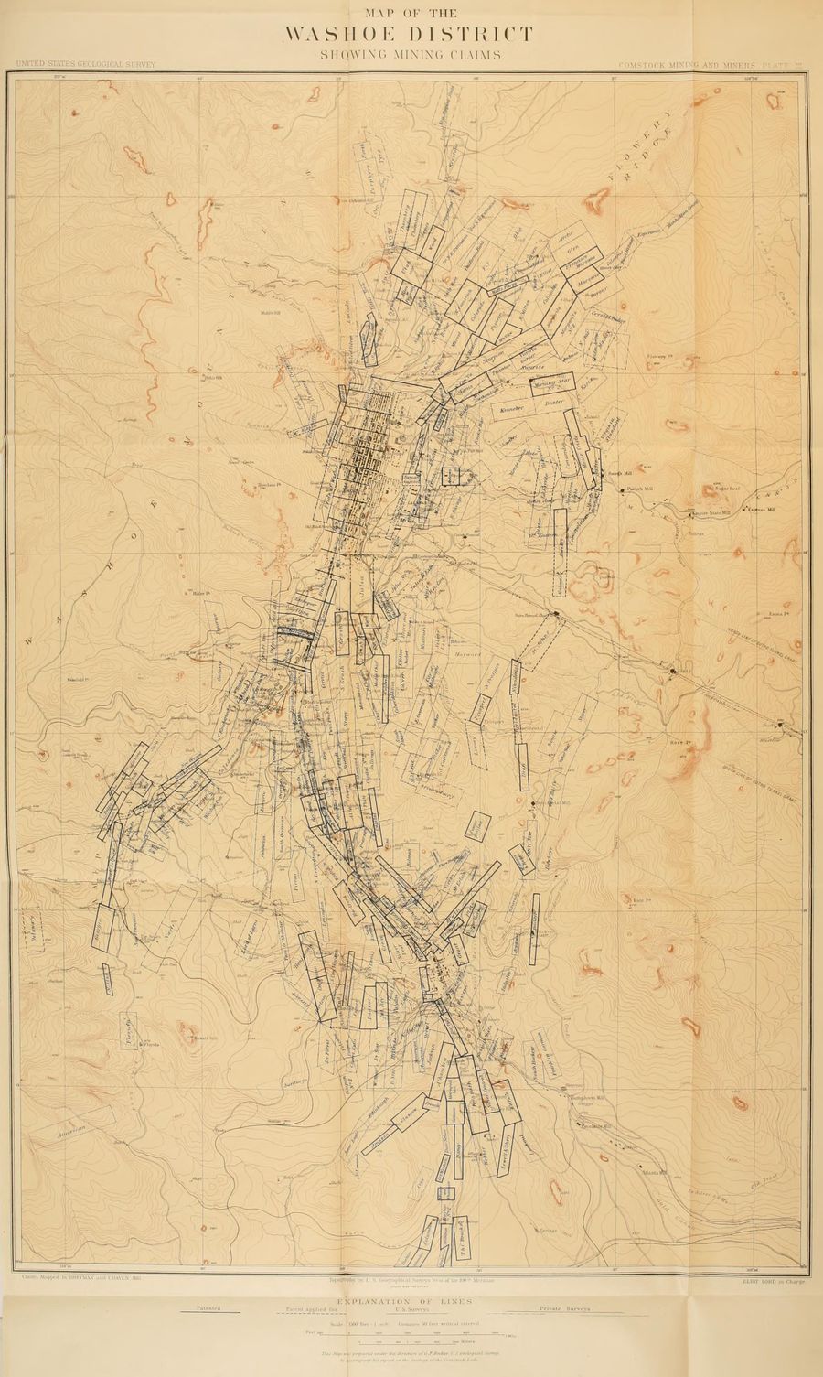 A survey map of the hills around Virginia City covered with long, narrow outlined rectangles, each with a name written in it.