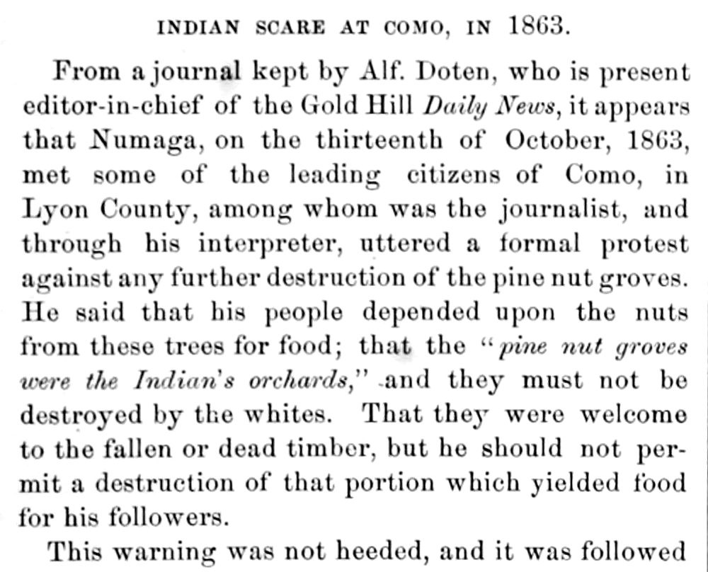 A clipping of a printed book column headed Indian Scare at Como, in 1863, with a phrase in italics near the foot.