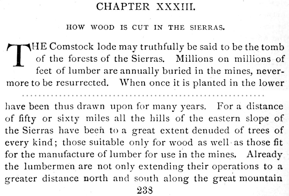 A clipping of a printed book page: the opening of chapter 33, How Wood is Cut in the Sierras, then a dotted line, then a later paragraph from the same page and the page number 238.