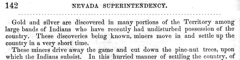 A clipping of a printed government report, page 142, headed Nevada Superintendency, in small type.