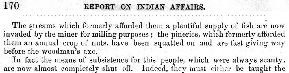 A clipping of a printed government report, page 170, headed Report on Indian Affairs.