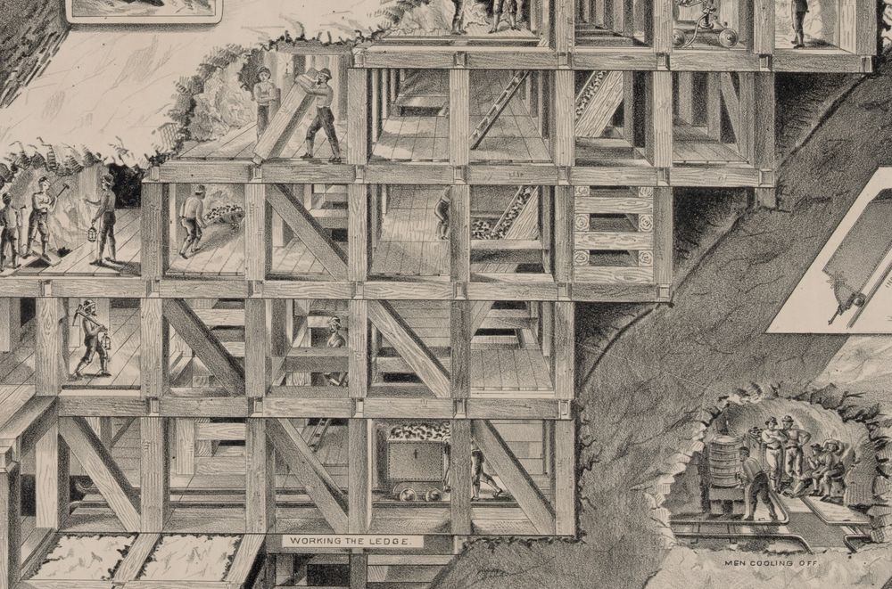 A cut-away drawing of a mine: a huge framework of square timber sets climbing through the rock, with small drawn miners working in its cells.