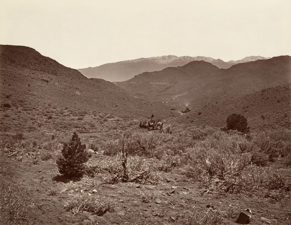 Dry hill country covered in sagebrush, with a few small scattered conifers, a road winding up a valley, and snowy mountains on the horizon.