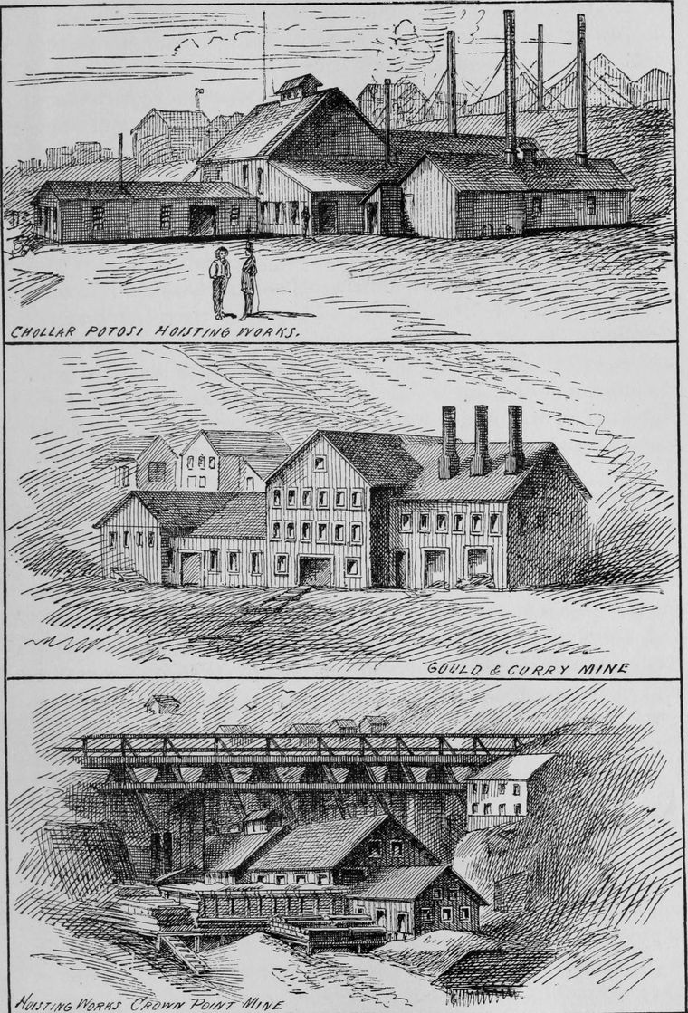 Three engravings stacked on one page: a cluster of wooden mine buildings with tall smokestacks and two small men standing in the yard; a large many-windowed mine building with three chimneys; and hoisting works built into a hillside under a long trestle.