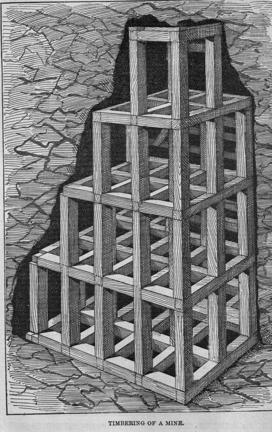 An engraving of a stepped tower of square timber frames filling a cavity cut into rock.
