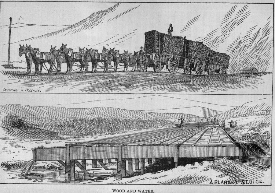 An engraving in two panels. Above, a long team of mules pulling high-sided wagons piled with a heavy load, a driver standing on top. Below, a wide wooden sluice on trestles crossing a valley.