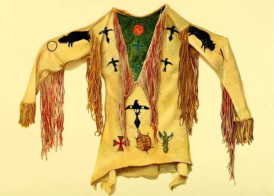 A painted buckskin shirt with long red and yellow fringes. It is painted with black birds and buffalo, a red sun on a green collar, crosses, a turtle and a lizard.